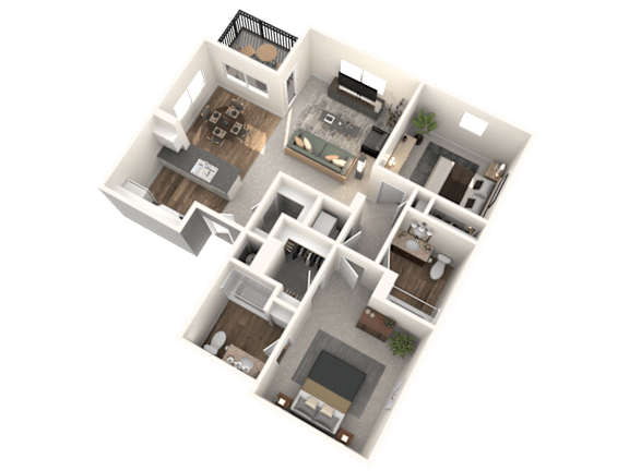 A 3D floor plan of a house with multiple rooms and furniture.