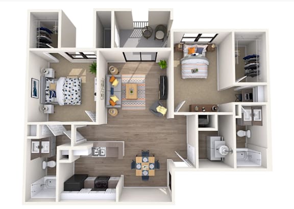 A 3D floor plan of a small apartment with a kitchen, living room, and bedroom.