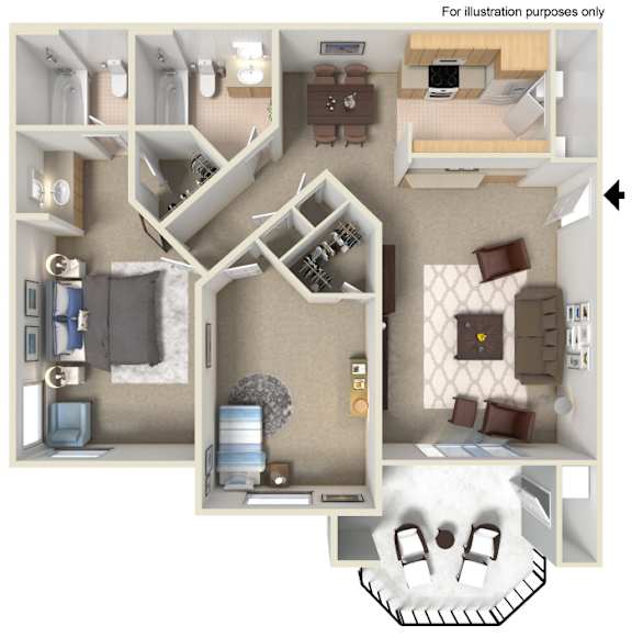 Floor Plan  A 3D floor plan of a small apartment with a kitchen, living room, and bathroom.