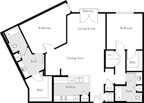 A floor plan of a house with a living room, dining area, kitchen, and three bedrooms.