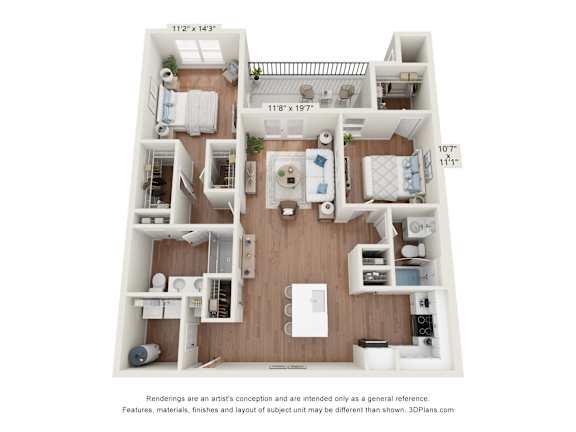 A 3D floor plan of a house with a kitchen, living room, and two bedrooms.