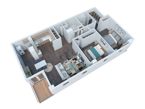a 3d floor plan of a small apartment at The View, Los Angeles, 90005