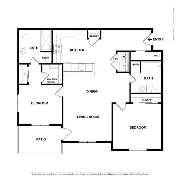 A black and white floor plan of a house with an entry, kitchen, living room, dining area, and bedrooms.