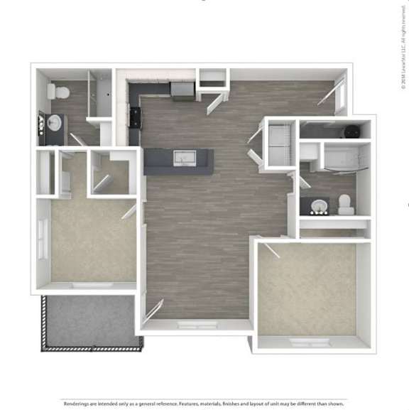 A floor plan of a house with a living room, kitchen, and two bedrooms.