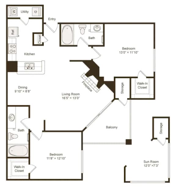 A floor plan of a home with a living room, dining room, kitchen, two bedrooms, a bathroom, a balcony, and a sun room.