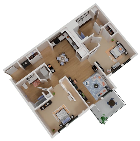 A top down view of a small apartment with a kitchen, living room, and bedroom.