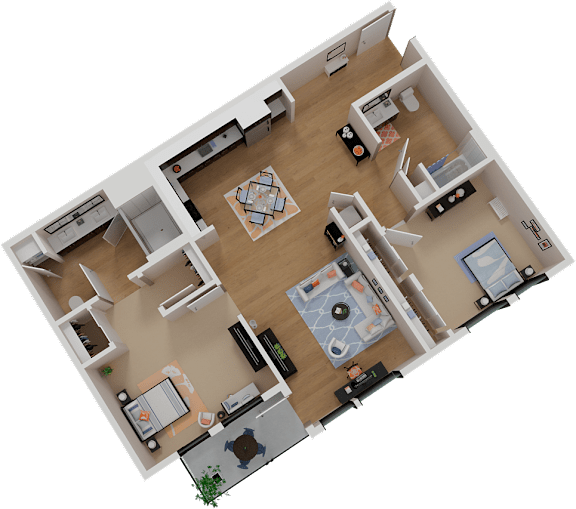 A top-down view of a house layout with a kitchen, living room, dining area, and bedrooms.