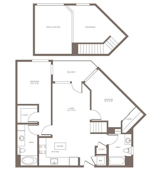 A floor plan of a two-story house with a mezzanine and balcony.