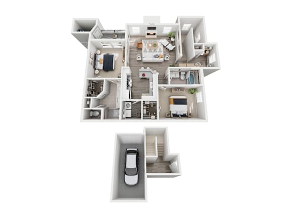 A top down view of a house with a car parked in the driveway.