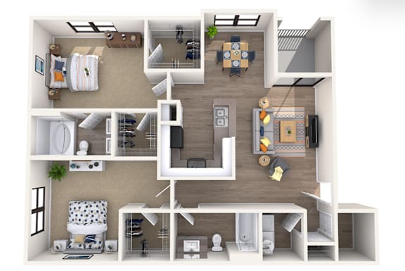A 3D floor plan of a small apartment with a kitchen, living room, and bedrooms.