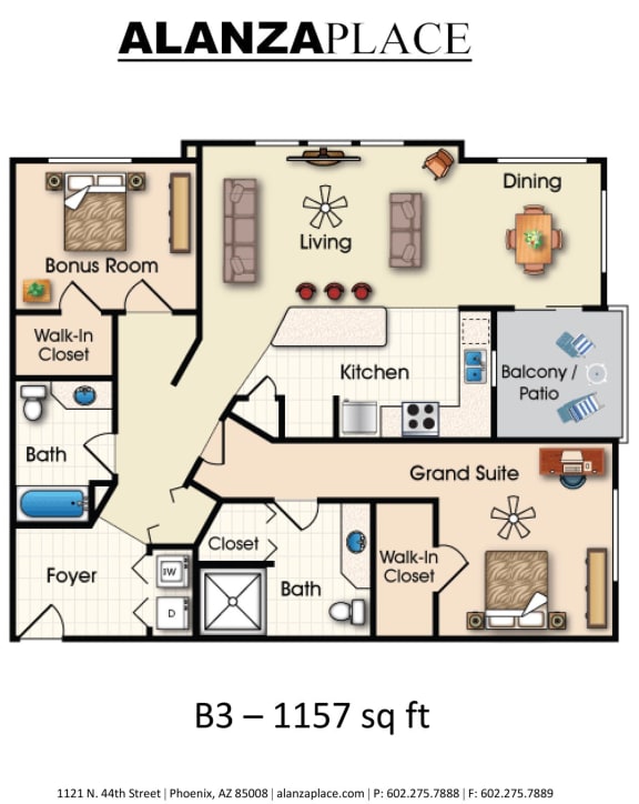 Two bedroom two bathroom 1,157 Sq.Ft. B Floor Plan at Alanza Place, Phoenix, AZ