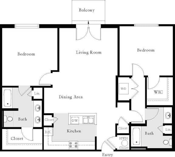 A floor plan of a house with a balcony, two bedrooms, a living room, a dining area, a kitchen, two bathrooms, and three closets.