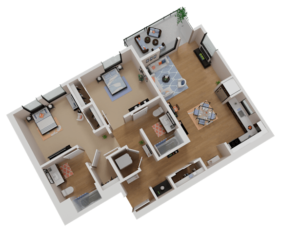 A top-down view of a house layout with a kitchen, living room, and two bedrooms.