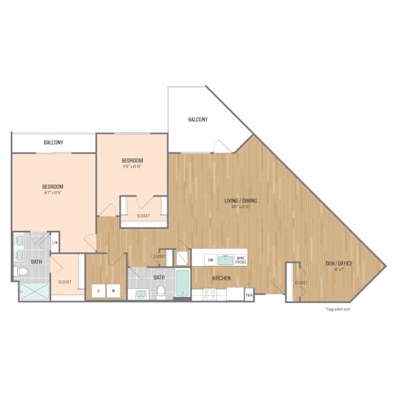 A floor plan of a home with two bedrooms, a living room, a den/office, a bathroom, a kitchen, and a closet.