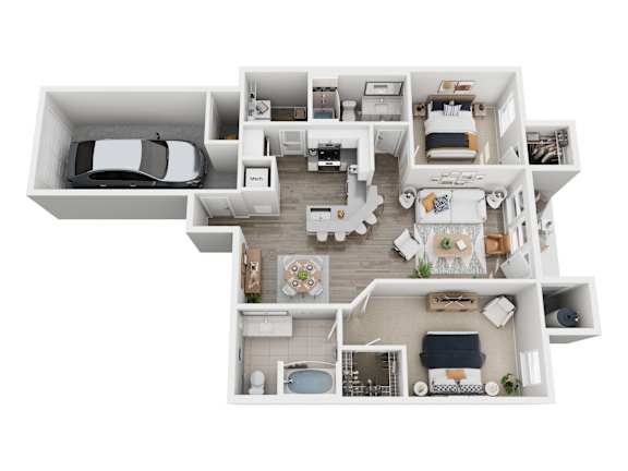 A top down view of a house interior with a car parked in the garage.