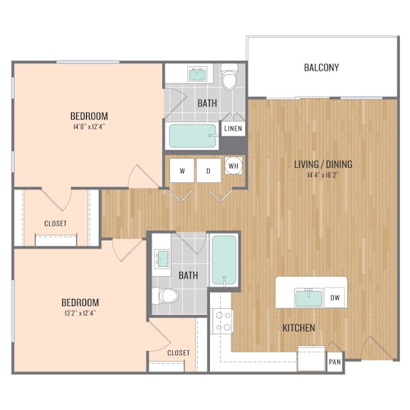 A floor plan of a house with two bedrooms, a living area, a kitchen, and a bathroom.