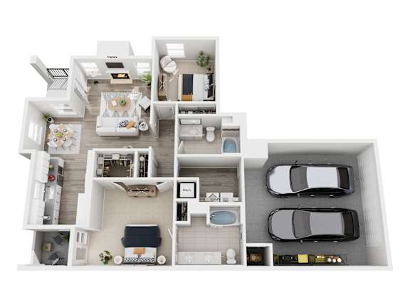 A top-down view of a house layout with a living room, kitchen, dining area, and two bedrooms.
