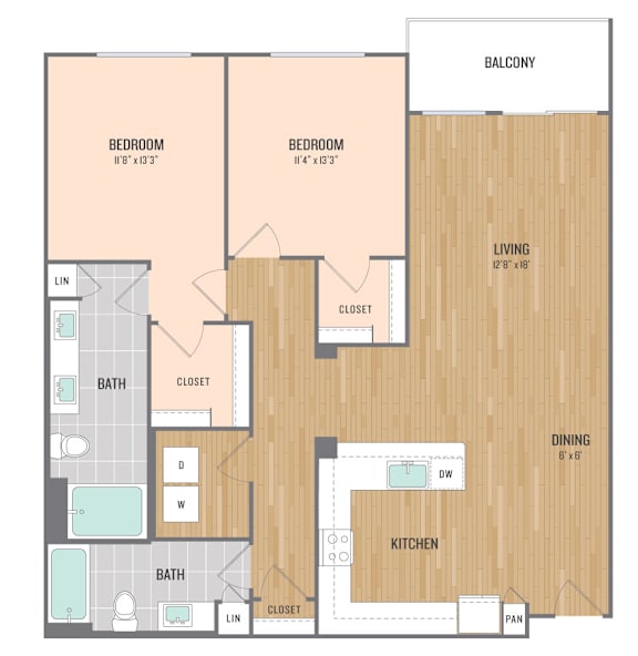 A floor plan of an apartment with two bedrooms, a living room, a dining room, a kitchen, two bathrooms, and a balcony.