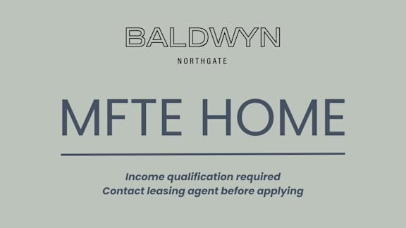 A sign that says MFTE Home with a note that income qualification is required and to contact the leasing agent before applying.