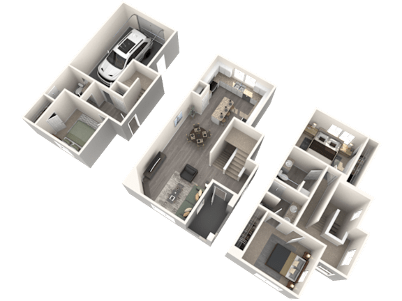 Three different floor plans of an apartment are displayed.