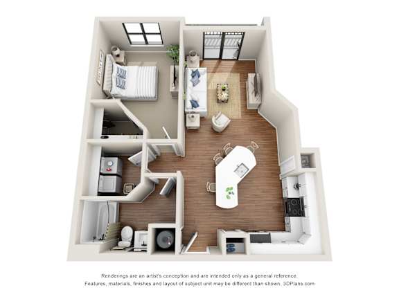 A 3D floor plan of a small apartment with a kitchen, living room, and bedroom.