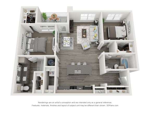 A 3D floor plan of a small apartment with a kitchen, living room, and bathroom.