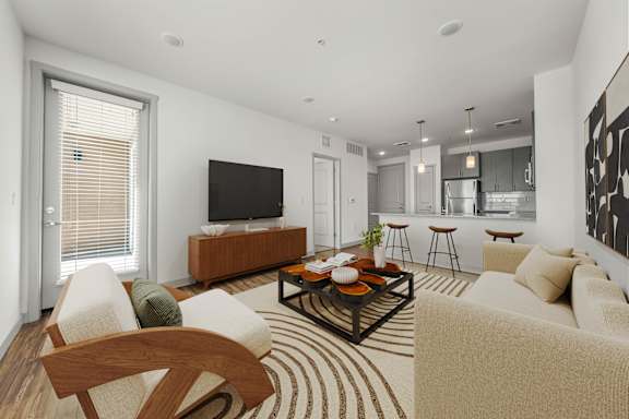 A modern living room with a wooden chair and a coffee table.