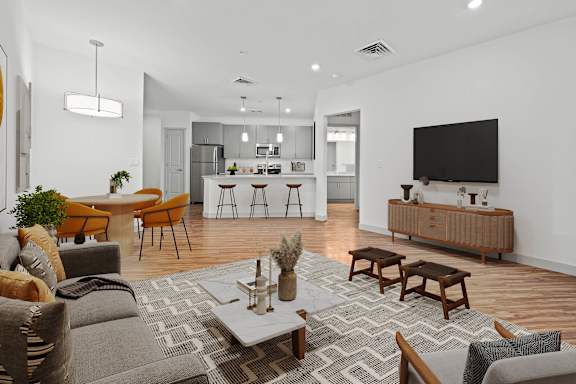 A modern living room with a grey sofa, wooden coffee table, and a television.