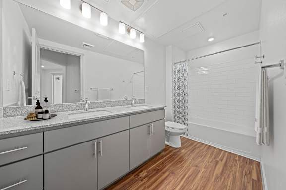 A bathroom with a white vanity and a wooden floor.