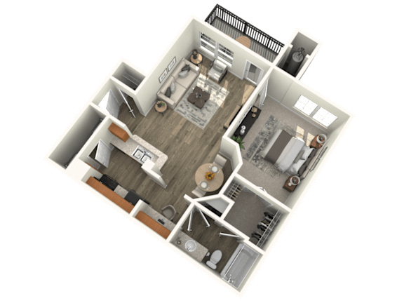 A 3D floor plan of a house showing a kitchen, living room, and two bedrooms.