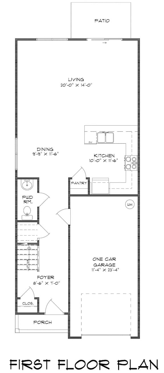 A black and white drawing of a house floor plan.