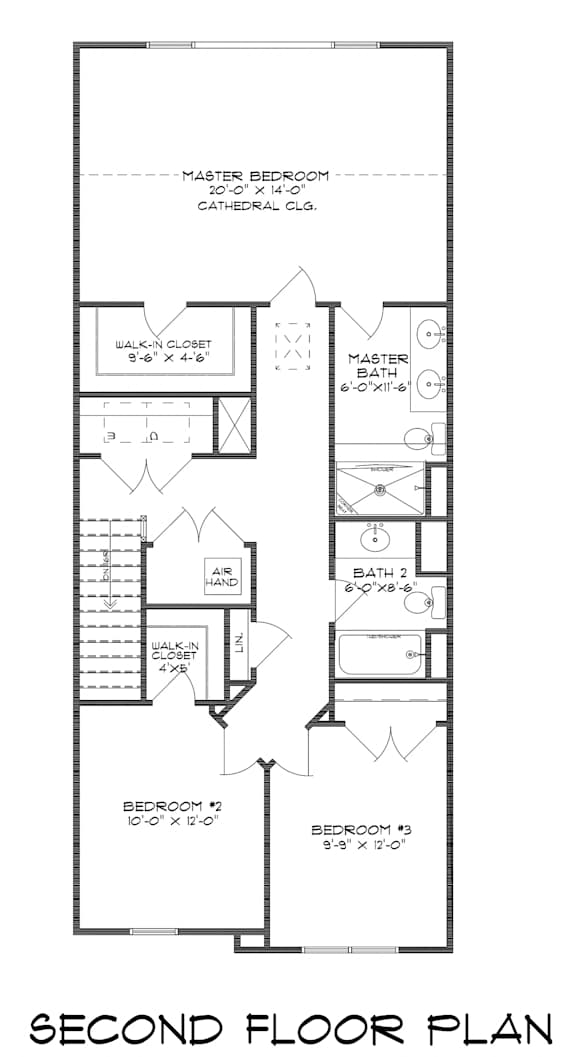 A second floor plan of a building with a master bedroom and three other bedrooms.