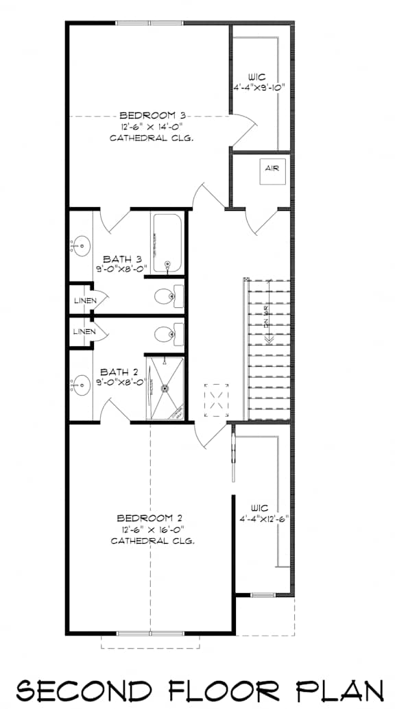 A second floor plan of a building with two bedrooms, two bathrooms, a laundry area, and a cathedral ceiling.