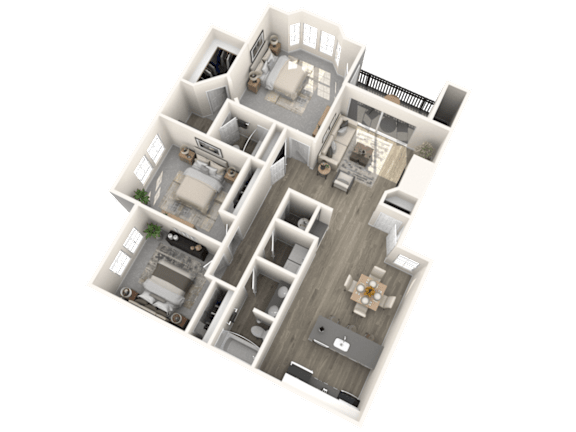 A 3D floor plan of a house with multiple rooms and furniture.