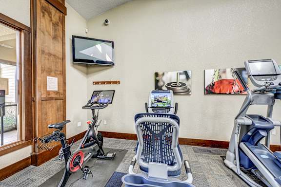 A gym room with a treadmill, exercise bike, and other equipment.