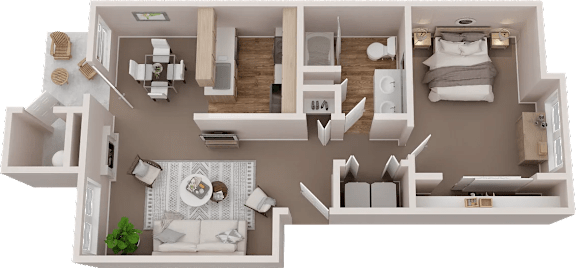 Floor Plan  A 3D floor plan of a house with a living room, kitchen, and bedrooms.