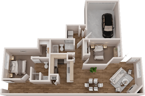 Floor Plan  A 3D rendered image of a house layout with a car parked outside.