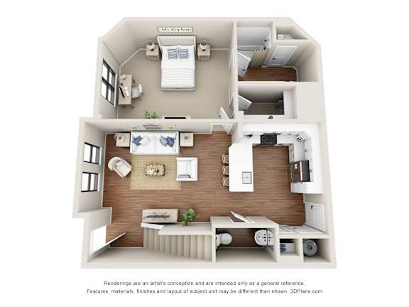 A 3D floor plan of a house with a kitchen, living room, and two bedrooms.