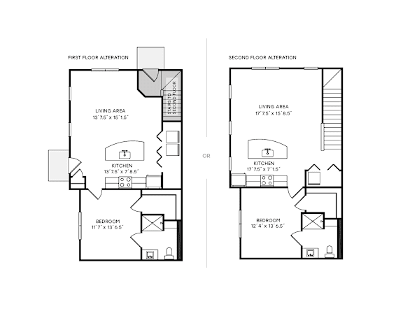 A floor plan shows two different layouts for a house, one with an altered first floor and one with an altered second floor.