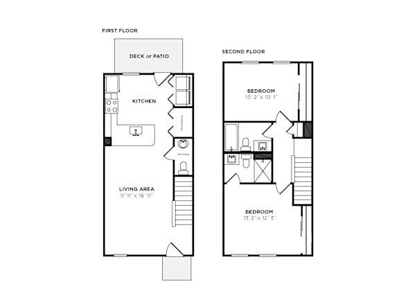 A black and white image of a floor plan for a two-story home.