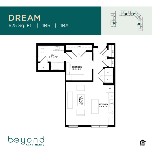 A floor plan for an apartment named DREAM is displayed, which includes a bedroom, living room, kitchen, and bathroom.
