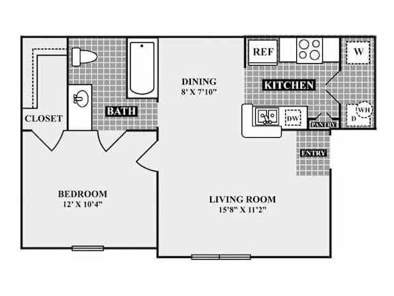 A floor plan of a small apartment with a bedroom, living room, kitchen, and bathroom.