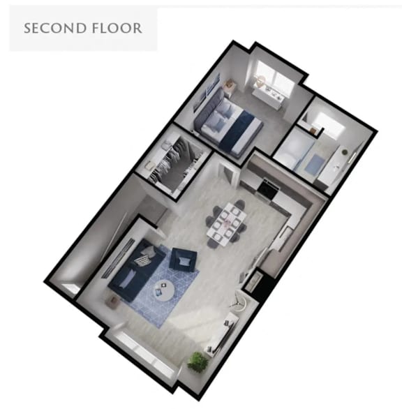 A floor plan of a second floor apartment with a living room, dining room, kitchen, and two bedrooms.