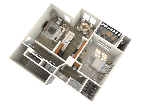 A 3D floor plan of a house showing a kitchen, living room, dining room, and bedrooms.
