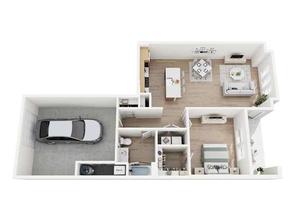 A top-down view of a modern apartment with a kitchen, living room, and a car parked in the garage.