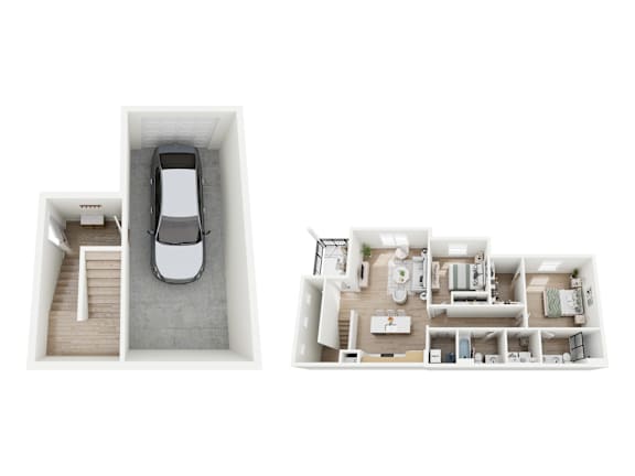 A top down view of a car and a floor plan of a house.