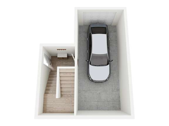 A car is parked in a garage with a staircase leading to a living area.
