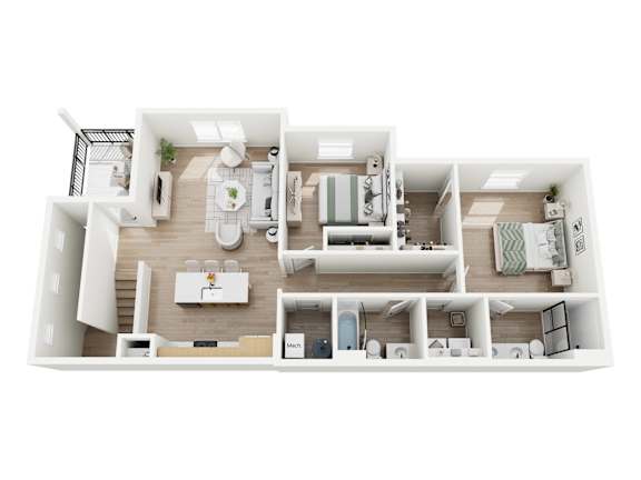 A white floor plan of a house with a kitchen, living room, and bedrooms.
