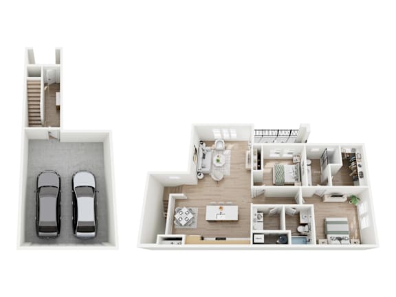 A floor plan of a house with two cars parked in the garage.