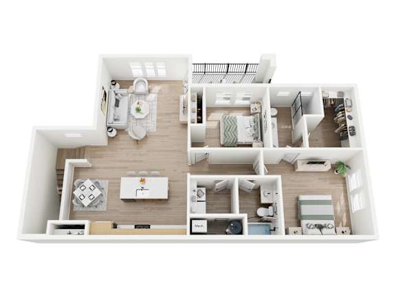 A top-down view of a modern apartment layout.